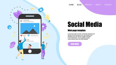Fotoğraf içeriği, gibi ve yorum ile sosyal medya konsepti ile Web şablonu. Vektör düz illüstrasyon