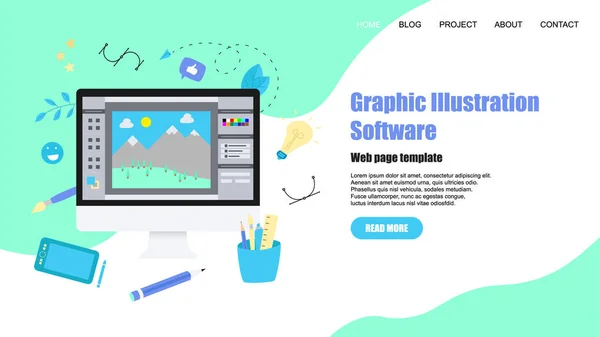 Sjabloon voor webpagina's. Plat vector grafisch teken concept met open illustratie applicatie met een creatief project — Stockvector
