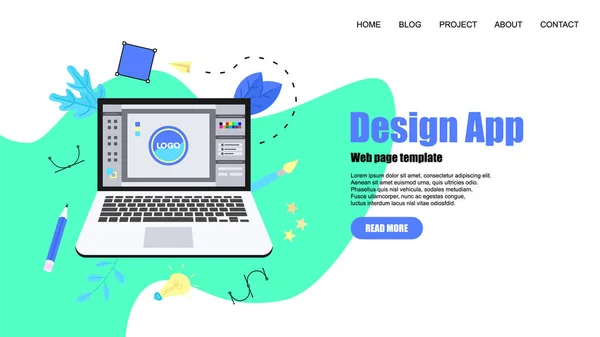 Modelo de página web. Conceito de design gráfico vetorial plano com uma aplicação de design aberto com um projeto criativo —  Vetores de Stock