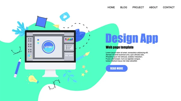 Πρότυπο ιστοσελίδας. Επίπεδη διανυσματική γραφική σχεδίαση με μια ανοιχτή εφαρμογή σχεδιασμού με ένα δημιουργικό έργο — Διανυσματικό Αρχείο