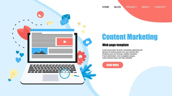 Web sayfası şablonu. İçerik Pazarlama, Bloglama ve Smm kavramı. Makaleler ve medya materyalleri