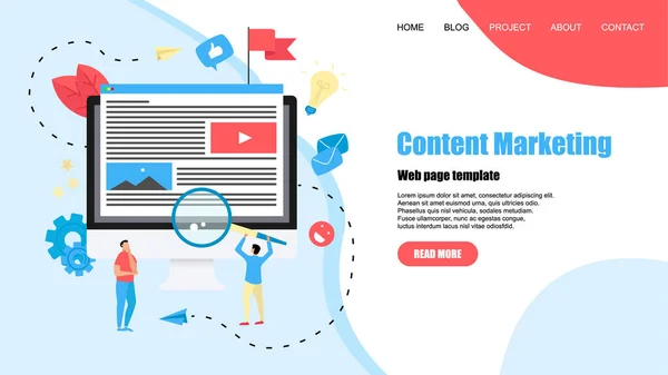 Modèle de page Web. Marketing de contenu, Blogging et SMM concept. Articles et matériel médiatique — Image vectorielle