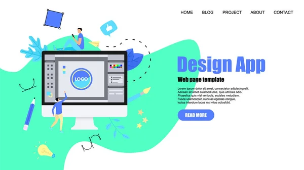 Sjabloon voor webpagina's. Plat vector grafisch ontwerpconcept met een open ontwerp applicatie met een creatief project — Stockvector