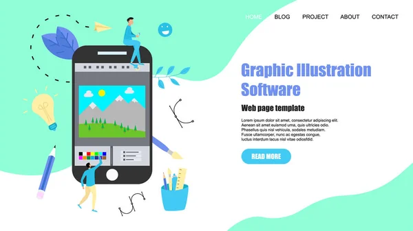 Sjabloon voor webpagina's. Plat vector grafisch teken concept met open illustratie applicatie met een creatief project — Stockvector