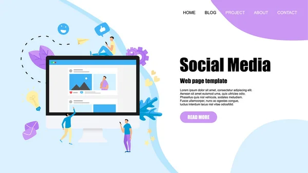 Websjabloon met sociale media-concept met foto-inhoud, zoals en commentaar. Vector platte illustratie — Stockvector