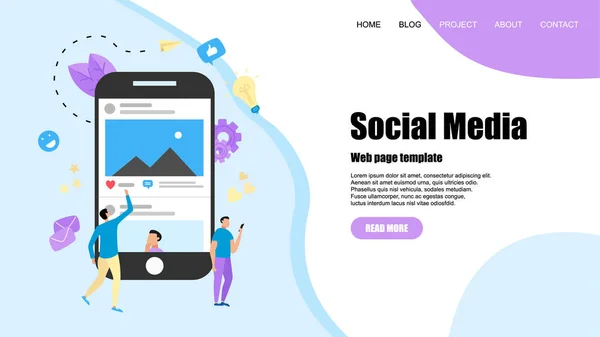 Modelo Web com conceito de mídia social com conteúdo de foto, curtir e comentar. Ilustração plana vetorial —  Vetores de Stock