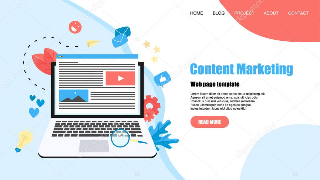 Webpage template. Content Marketing, Blogging and SMM concept. Articles and media materials