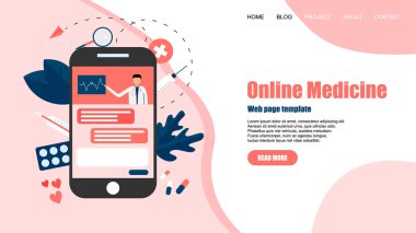Web sayfası şablonu. Online Sağlık ve Tıbbi Danışma konsepti. Vektör düz illüstrasyon