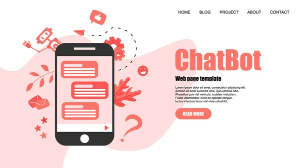 Webseiten-Vorlage. Chatbot-Geschäftskonzept. Kommunikation mit Chatbot. Künstliche Intelligenz in der Kundenbetreuung — Stockvektor
