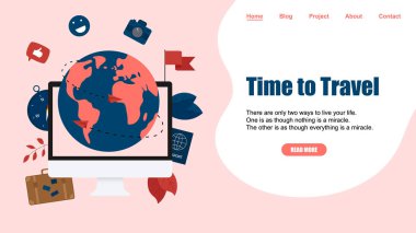 Web sayfası şablonu. Seyahat zamanı kavramı. İki uçak ile seyahat düz tasarım kavramı için Planet Earth