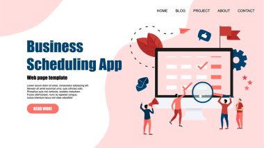 Web sayfası şablonu. Etkinlikler, Hatırlatmalar ve planlama ile dizüstü bilgisayar üzerinde düz tasarım iş planlama uygulaması