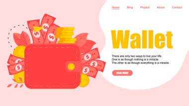 Web sayfası Şablonu. Dolar banknotları ve bozuk paralarla dolu bir cüzdan. Finans bankası kavramları