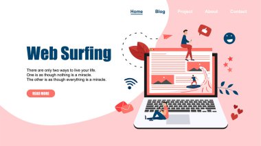 Web sayfası şablonu. Surfer bir dalga Web sayfası vektör illüstrasyon sörf. Web sayfası sörf konsepti