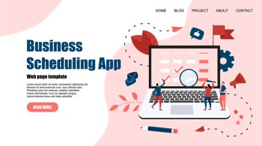 Web sayfası şablonu. Etkinlikler, Hatırlatmalar ve planlama ile dizüstü bilgisayar üzerinde düz tasarım iş planlama uygulaması