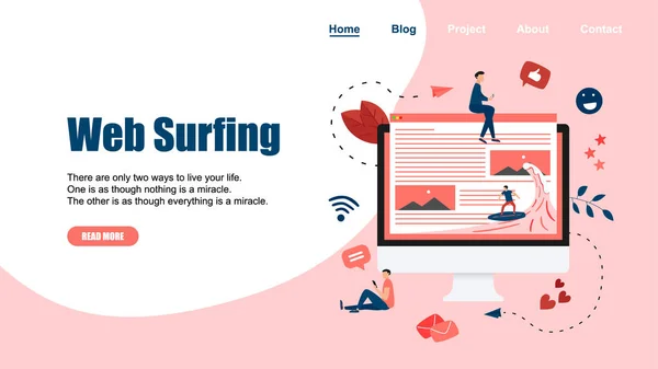 Шаблон веб-страницы. Серфер серфинг на волновой веб-странице векторной иллюстрации. Концепция серфинга веб-страниц — стоковый вектор