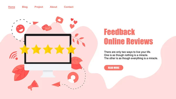 Šablona webové stránky. Hodnocení pěti hvězdiček zákazníkům online. Koncept zpětné vazby — Stockový vektor