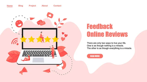 Modello di pagina web. Valutazione online dei clienti a cinque stelle. Concetto di feedback — Vettoriale Stock