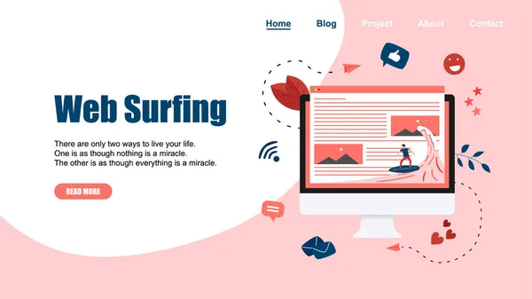 Шаблон веб-страницы. Серфер серфинг на волновой веб-странице векторной иллюстрации. Концепция серфинга веб-страниц — стоковый вектор