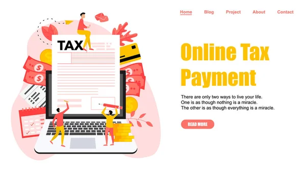 Plantilla de página web. Concepto de ilustración de vector de pago de impuestos en línea. Rellenar formulario de impuestos — Vector de stock
