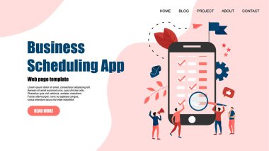 Web sayfası şablonu. Etkinlikler, Hatırlatmalar ve planlama ile dizüstü bilgisayar üzerinde düz tasarım iş planlama uygulaması