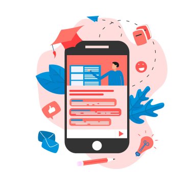 Online eğitim veya web ders mesafe öğretmen ile masaüstü monitör. E-öğrenme kavramı