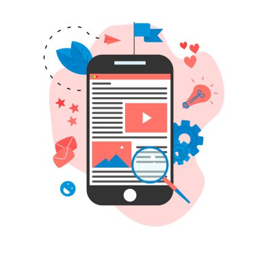 İçerik pazarlama, blog yazma ve SMM konsepti. Makaleler ve medya materyalleri