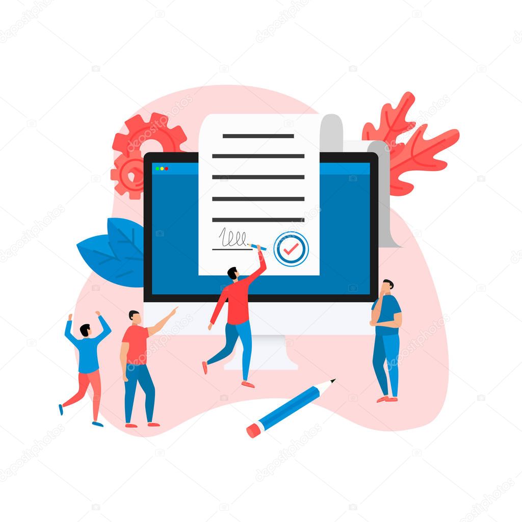 Online electronic smart contract document on laptop, paper document, signature on computer screen. vector illustration. Business concept