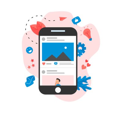 Fotoğraf içerikli sosyal medya kavramı, gibi ve yorum. Vektör düz resimleme