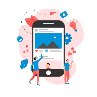 Fotoğraf içerikli sosyal medya kavramı, gibi ve yorum. Vektör düz resimleme