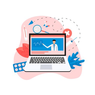 Online Sağlık ve Tıbbi Danışma konsept laptop. Vektör düz çizim