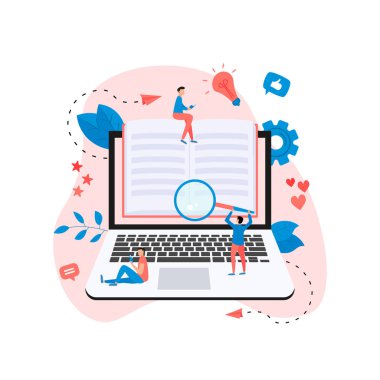 Düz dizayn kitabı konsepti. Çevrimiçi kütüphaneler ve kitaplar