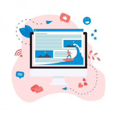 Dalga web sayfası çiziminde sörf yapan sörfçü. Web sayfası sörf kavramı.