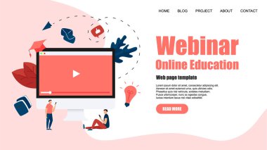 Web şablonu. Webinar, İnternet Konferansı, Web tabanlı seminer, online eğitim, e-öğrenme düz tasarım kavramı