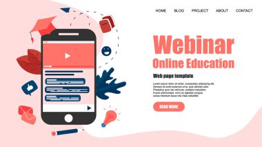 Web şablonu. Webinar, İnternet Konferansı, Web tabanlı seminer, online eğitim, e-öğrenme düz tasarım kavramı