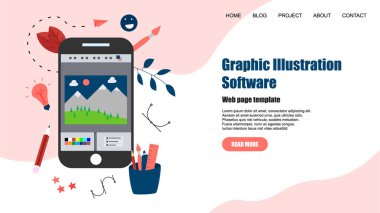 Web sayfası şablonu. Yaratıcı bir proje ile açık illüstrasyon uygulaması ile düz vektör grafik çizim kavramı