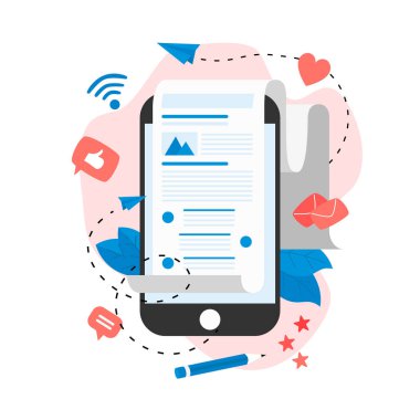 İş, iletişim, internet blog yazıları. Düz tasarım vektör çizimi.