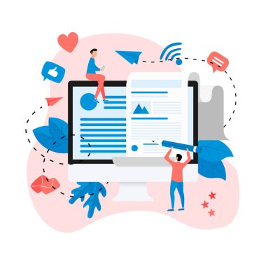 İş, iletişim, internet blog yazıları. Düz tasarım vektör çizimi.