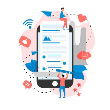 İş, iletişim, internet blog yazıları. Düz tasarım vektör çizimi.