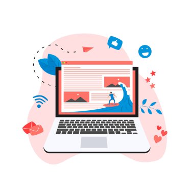 Dalga web sayfası çiziminde sörf yapan sörfçü. Web sayfası sörf kavramı.