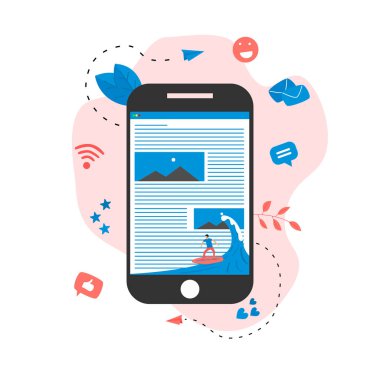 Dalga web sayfası çiziminde sörf yapan sörfçü. Web sayfası sörf kavramı.