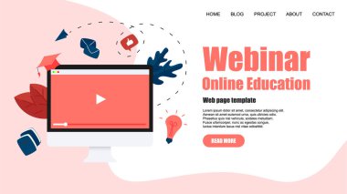 Web şablonu. Webinar, İnternet Konferansı, Web tabanlı seminer, online eğitim, e-öğrenme düz tasarım kavramı