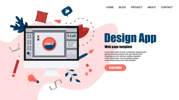 Sjabloon voor webpagina's. Plat vector grafisch ontwerpconcept met een open ontwerp applicatie met een creatief project — Stockvector