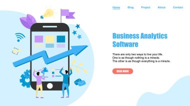 Web sayfası Şablonu. İş analizi yazılım mavi ok. Finans kavramı