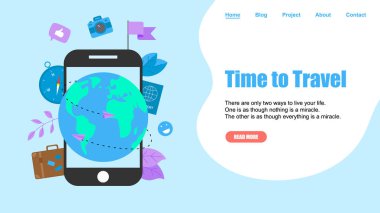 Web sayfası şablonu. Seyahat zamanı kavramı. İki uçak ile seyahat düz tasarım kavramı için Planet Earth