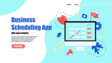 Web sayfası şablonu. Etkinlikler, Hatırlatmalar ve planlama ile dizüstü bilgisayar üzerinde düz tasarım iş planlama uygulaması