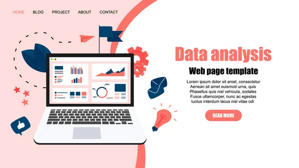 Plantilla Web Los hombres estudiando estadísticas financieras en el monitor de pantalla. Informes financieros, gráficos gráficos en pantallas de escritorio. Concepto empresarial — Archivo Imágenes Vectoriales