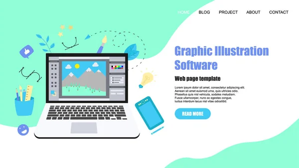 Sjabloon voor webpagina's. Plat vector grafisch teken concept met open illustratie applicatie met een creatief project — Stockvector