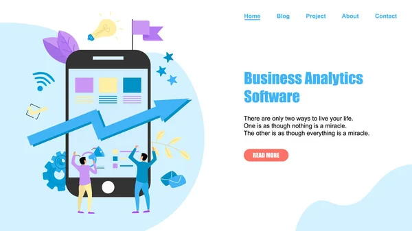 Modelo de página web. Software de análise de negócios seta azul. Conceito financeiro —  Vetores de Stock