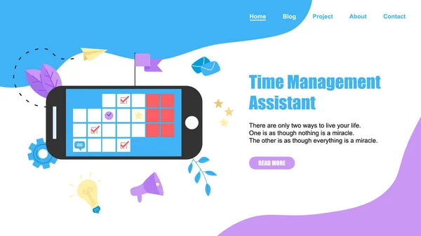 Webテンプレート。マーク、タスクやメモを持つオンライン時間管理アシスタント。時間管理の概念。ビジネスアイコンで — ストックベクタ