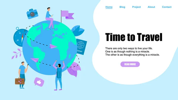 Szablon strony sieci Web. Koncepcja czasu podróży. Planeta Ziemia dla podróży płaska koncepcja projektowania z dwoma samolotami — Wektor stockowy